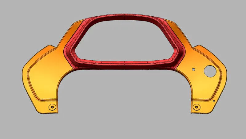 Modèle 3D d'une pièce affiché dans un logiciel de conception, orange et rouge sur fond gris